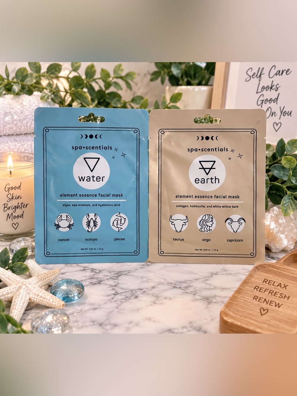 Spa Scentials Element Essence Facial Mask Set – Water & Earth – 2 Pack